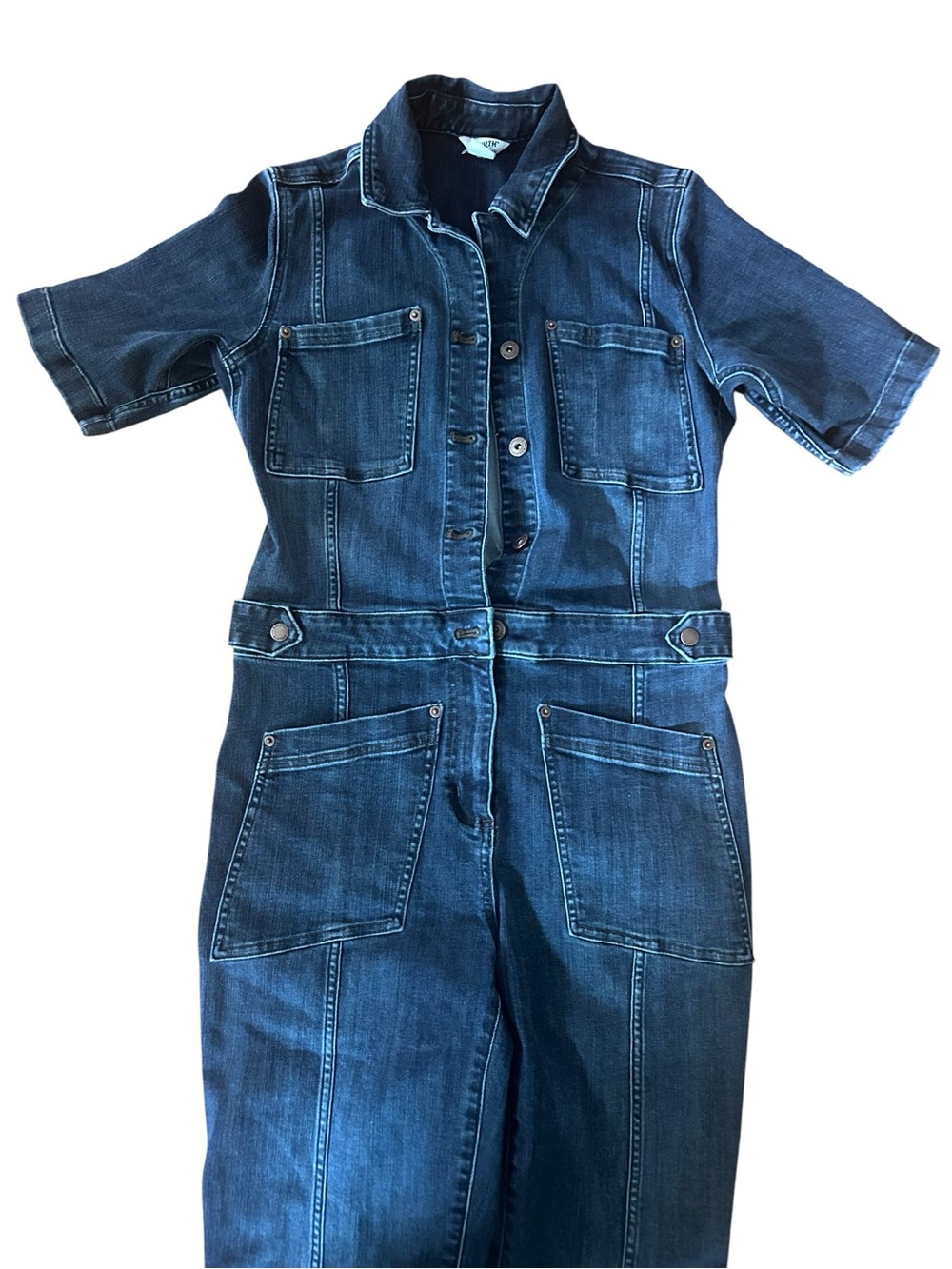 Duluth Trading Denim Utility Jumpsuit Romper Sz 8 Short Dark Wash button down - Picture 3 of 6